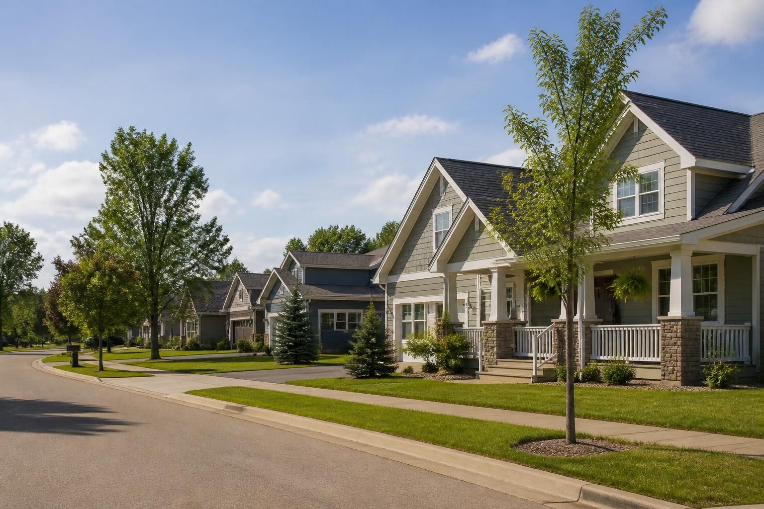 Quiet small-town neighborhood with neat houses and lawns in Becker.