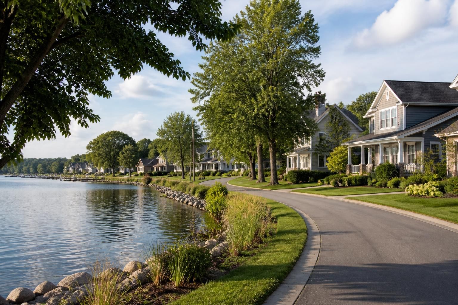 Lakeside suburban neighborhood with clean homes and greenery in Big Lake.