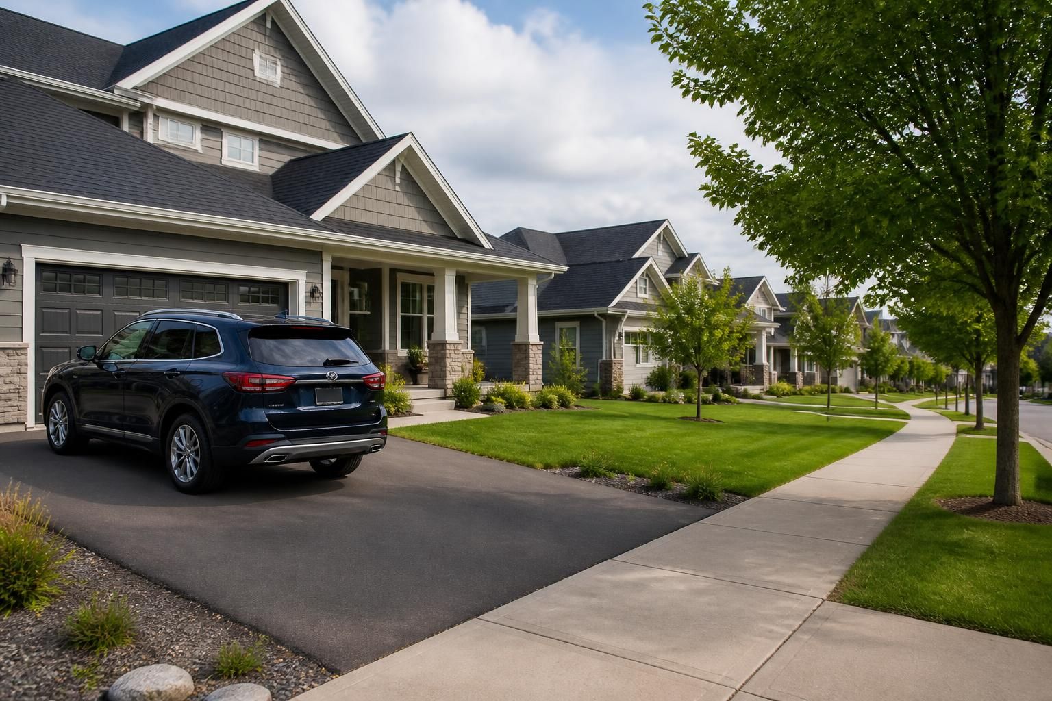 Suburban neighborhood with modern homes and a parked vehicle in Elk River.