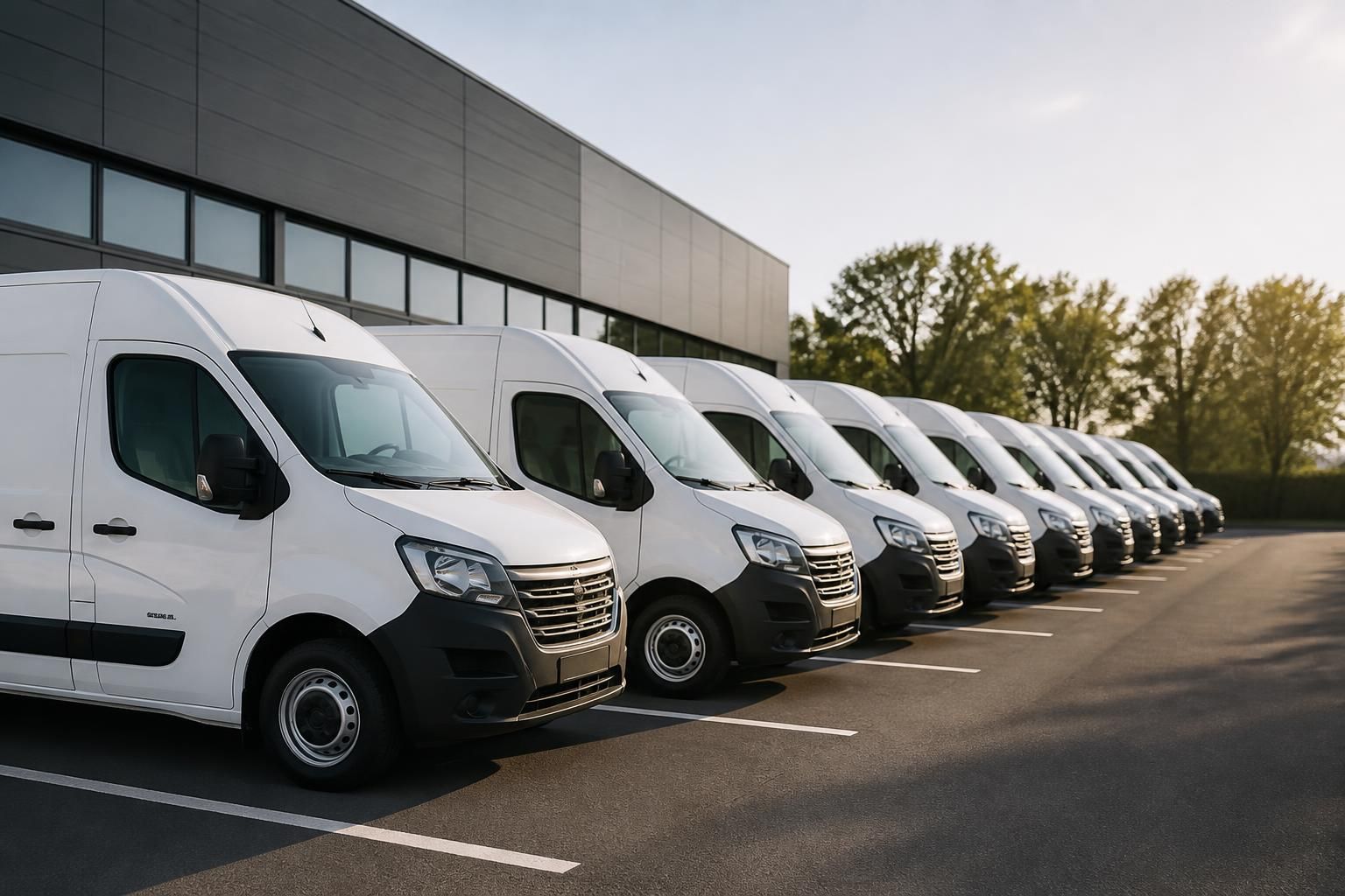 Spotless fleet vehicles lined up with clean uniform finishes.