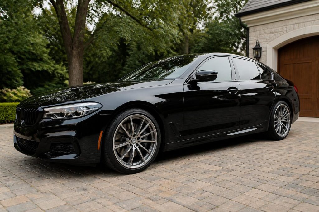 Freshly detailed luxury car exterior with a reflective finish in natural daylight.