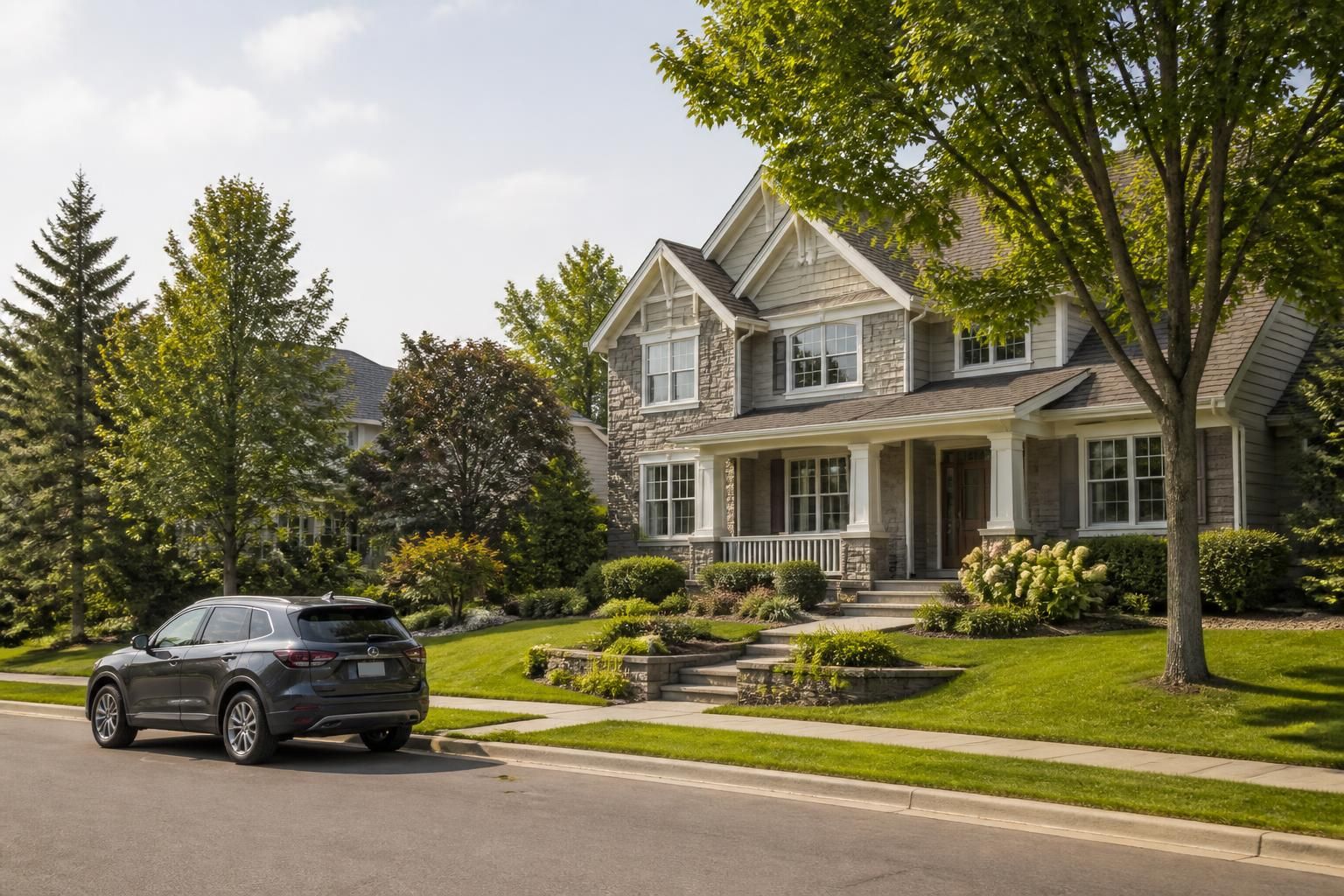 Upscale suburban street with well-kept homes and landscaping in Maple Grove.