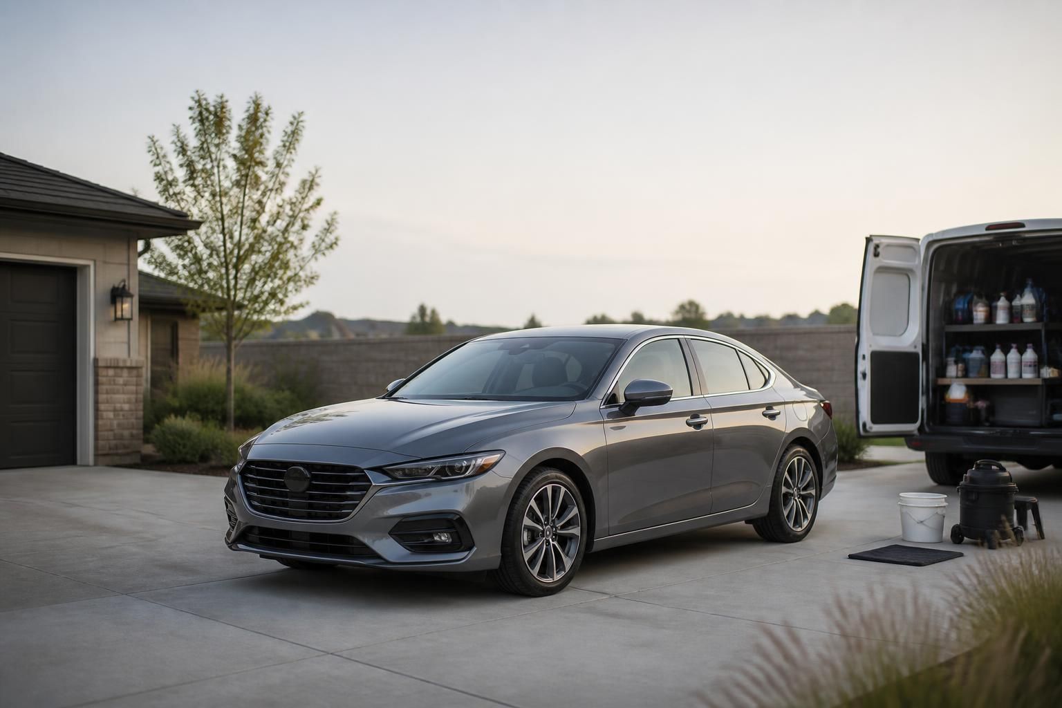 Freshly detailed car in a calm driveway with open space for text.