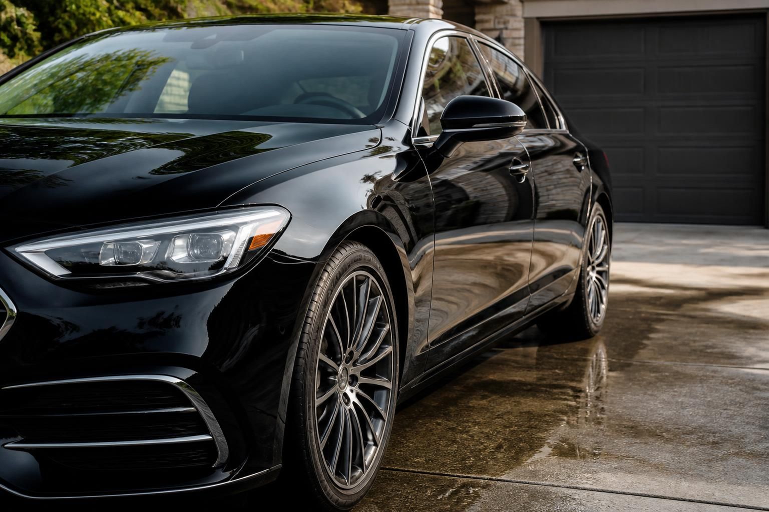 Freshly detailed car parked in a clean residential driveway.