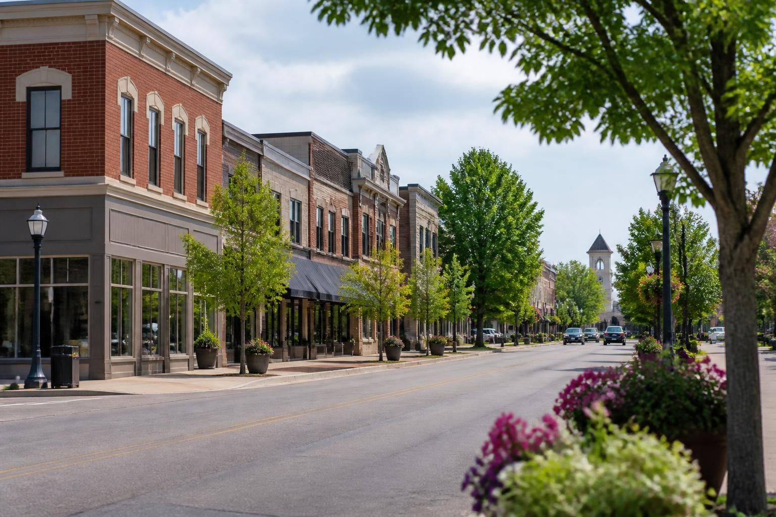 Neat buildings and tree-lined street in Monticello.