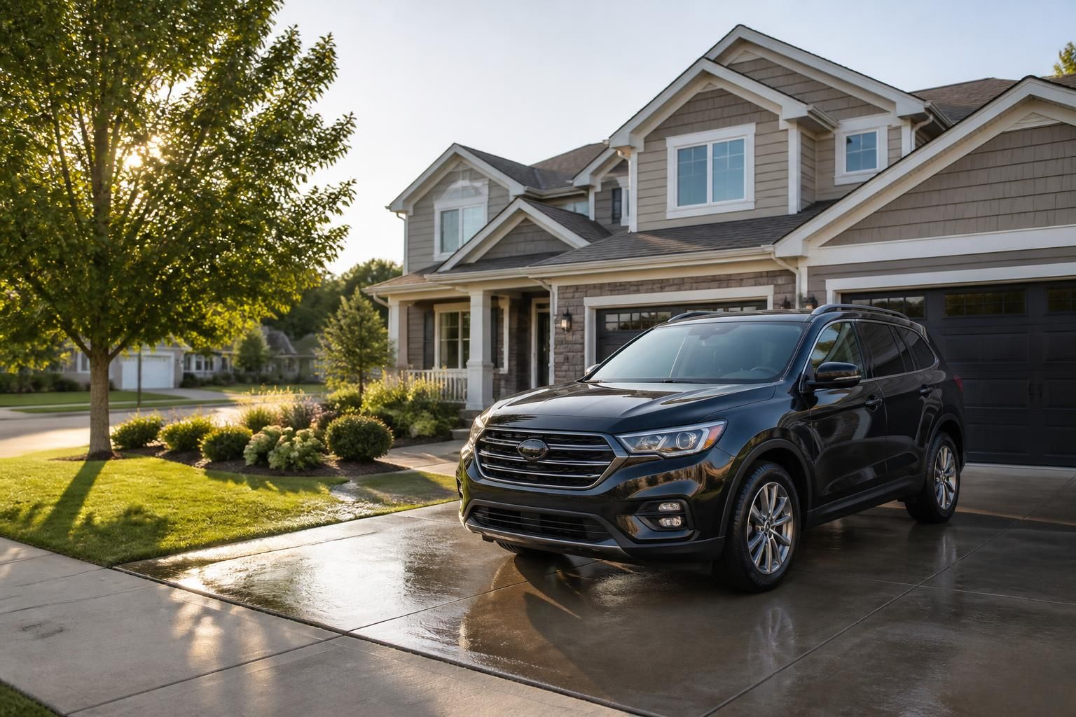 Modern suburban neighborhood with clean homes and a washed vehicle in Rogers.